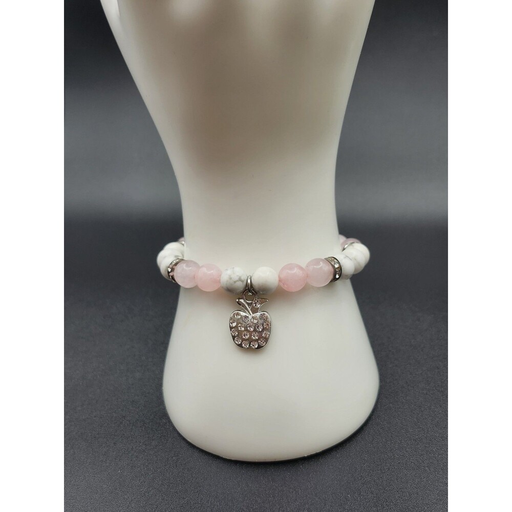 Teacher Appreciation Rose Quartz & White Howlite Beaded Bracelet Silver Apple
